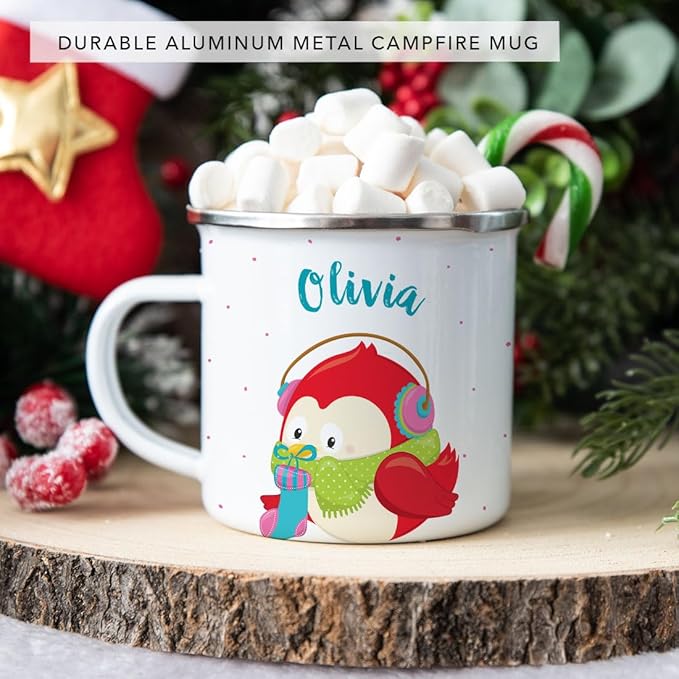 Andaz Press Personalized Name 11oz. Kids Christmas Hot Chocolate Stainless Steel Campfire Coffee Mug, Festive Red Owl, 1-Pack, Custom Child’s Birthday Xmas Cup