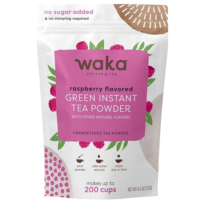 Waka Instant Green Tea Mix, Raspberry Flavored - 100% Tea Leaves, No Additives, Unsweetened Tea Powder in Bulk Pouch – Easy Quick Hot and Iced Teas, Up to 200 Cups (4.5oz)