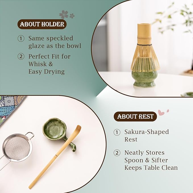 7 Pcs Matcha Kit, Matcha Bowl with Spout, Bamboo Whisk And Scoop, Ceramic Holder And Scoop Rest, Stainless Steel Sifter, Tea Towel. Speckled Green Glaze Matcha Whisk Set for Beginners And Gifting