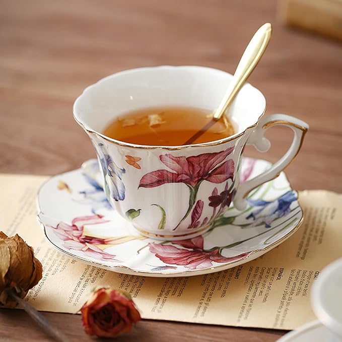 Floral Ceramic Cup Bone China Tea Cup and Saucer Set 6.8 Oz Gold Trim Vintage Style Porcelain Coffee Cup for Home Kitchen Office, Style 5