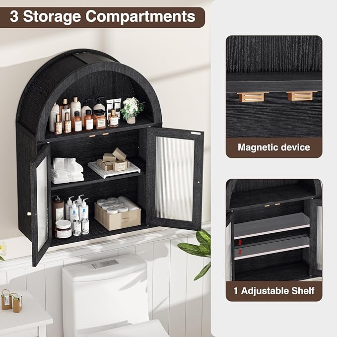 Arched Bathroom Cabinet, Wall Mounted Bathroom Cabinet with Tempered Glass Doors and Adjustable Shelf, for Kitchen, Living Room, Laundry Room, Restroom, Black