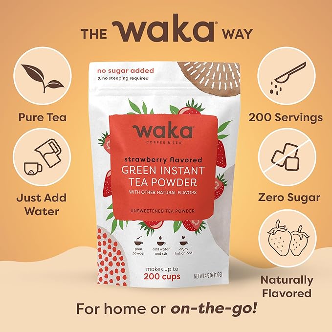 Waka Instant Green Tea Mix, Strawberry Flavored - 100% Tea Leaves, No Additives, Unsweetened Tea Powder in Bulk Pouch – Easy Quick Hot and Iced Teas, Up to 200 Cups (4.5oz)