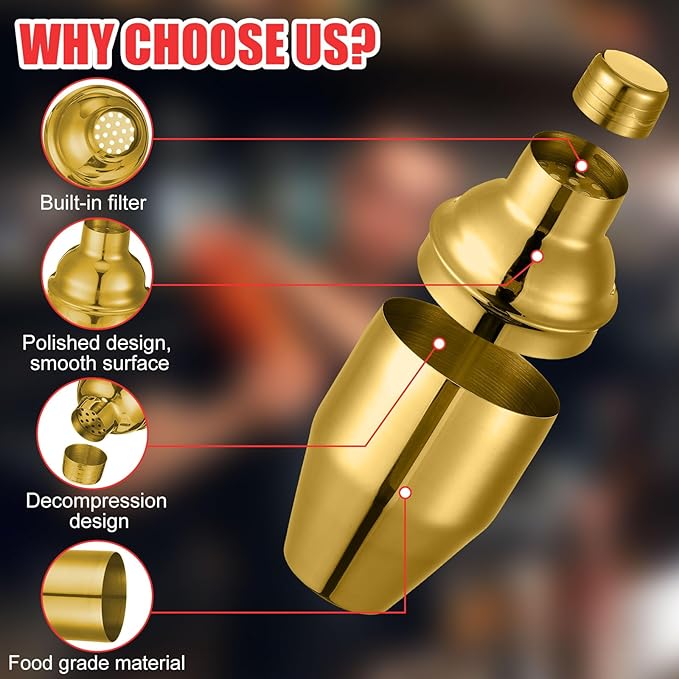 Nitial 6 Pcs Bar Cocktail Shaker Professional Stainless Steel Martini Drink Mixer Built-in Strainer for Bartending No Leaks Shaker for Bar Party Drink Mixer (Gold,8 oz)