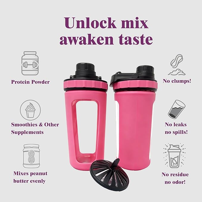 Glass Shaker Cup Odorless BPA Free– Glass Shaker Bottle for Protein 26oz Durable Borosilicate Glass, Leak-Proof & BPA-Free – Ideal for Creamy Protein Shakes, Smoothies & Workout Drinks (Pink)