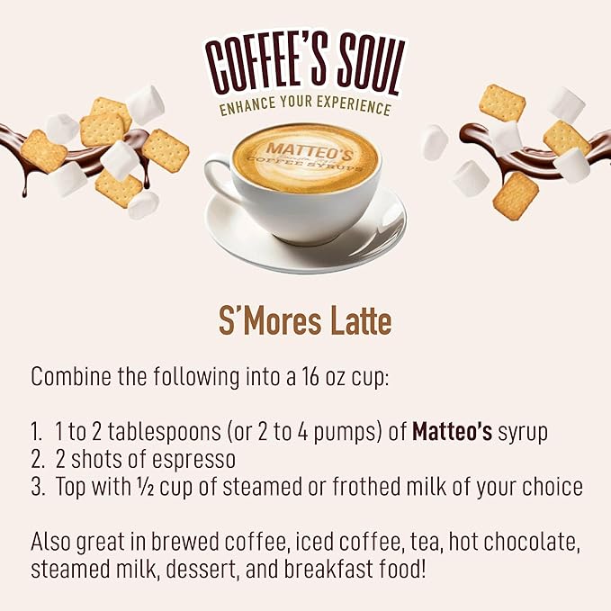 Matteo's S'mores Syrup for Coffee, Lattes, Cappuccinos & Desserts – Sugar-Free Sweetener for Beverages, Keto Friendly, Zero Calories, Indulgent Flavor, Non-Alcoholic, Ideal for Hot Drinks 33.8oz (1pk)
