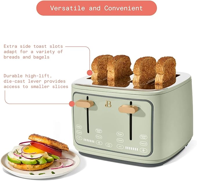 Beautiful 4 Slices Toaster with Touch-Activated Digital Display, Extra Wide Self-Adjusting Slots, Adjustable Shade Control, by Drew Barrymore (Green)