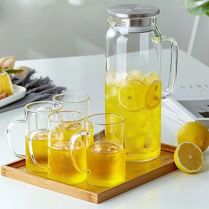 Glass Pitcher with Lid, 51Oz Heat Resistant Glass Water Carafe with Handle for Fridge, Pitcher for Iced Tea, Milk, Hot and Cold Beverage, Borosilicate Glass Juice Jug 1500ml