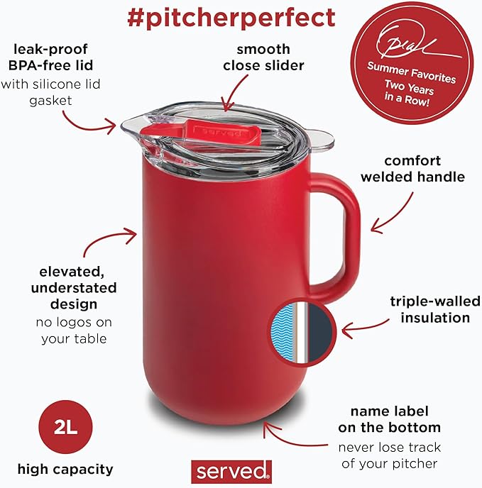 Served Premium Insulated Pitcher (2L/66oz) - Double Walled, Copper Lined Stainless Steel Pitcher with Lid - Vacuum Insulated Carafe for Hot Coffee, Tea, Iced Drinks, Water, Cocktails, and More