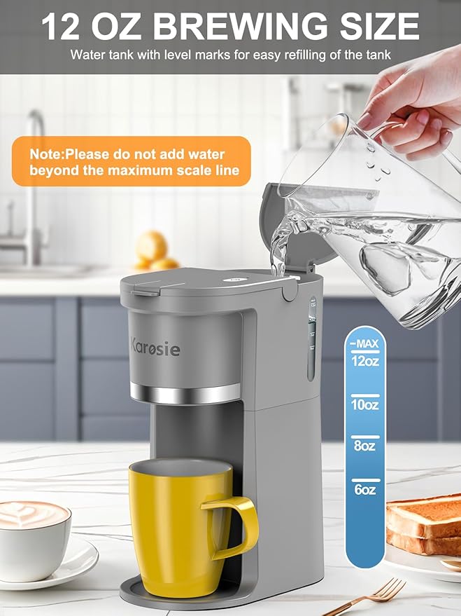 Small Single Serve Coffee Maker, Fast Brew for K-Cup & Ground Coffee, 6-12 Oz Brew Sizes, One-Button Single Cup Coffee Maker, Coffee Machine with Descaling Reminder,Grey