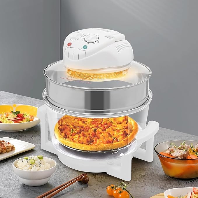17.96Qt Turbo Air Fryer, 1400W Glass Air Fryer with Expansion Ring, 360° Viewable Halogen Oven for Family Cooking