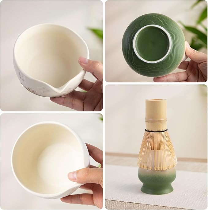 Matcha Whisk Set - Traditional Bamboo Chasen with Bowl, Complete Matcha Tea Making Kit & Starter Tools for Authentic Japanese Ceremony (Mottled Green02, 8pcs/set,Bowl entry-level Set)