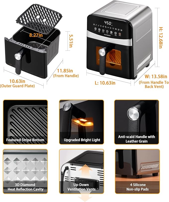 6QT Stainless Steel Air Fryer Ceramic 12 in 1, Dual-Blazes in Metal Housing, 2-3 Servings Visible 8.27" Basket with Teflon-Free Premium Coating, 1700W, DAYBEST Dishwasher Safe Kits (Stainless Steel)