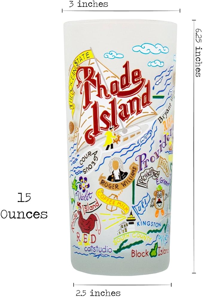 Catstudio Drinking Glass, Rhode Island Frosted Glass Cup for Kitchen, Drinking Glasses, 15oz Dishwasher Safe Tumbler for Rhode Island Lovers