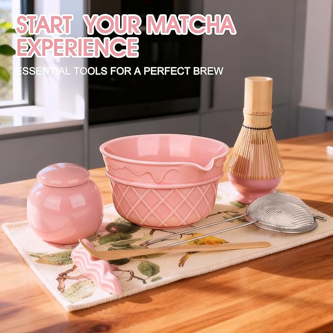 Sakura Pink Matcha Whisk Set-8pcs,Japanese Tea Set Includes Matcha Bowl with Ice Cream Design, Tea Mat and Matcha Canister, 16OZ Matcha Kit for Ceremony