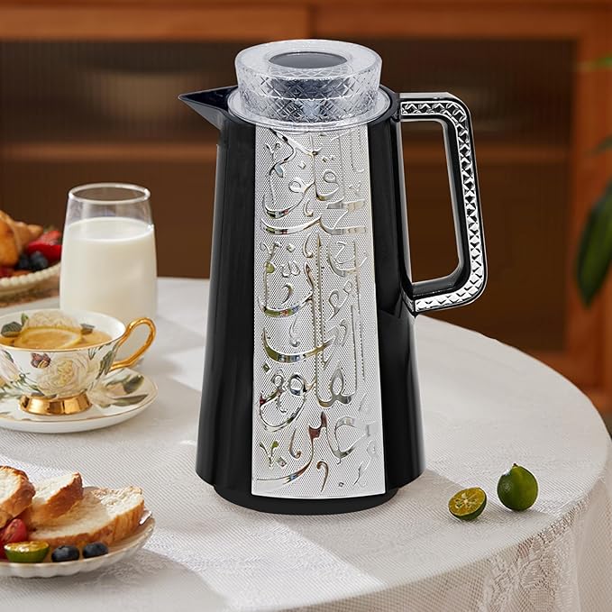 Arabic Style Insulated Coffee Carafe,33 oz,Vacuum Thermal Pot Double Wall Insulation with Lid Teapot,Keeping Hot/Cold,Tea, Water, and Coffee Dispenser,Housewarming Ornaments (Black and Silver)