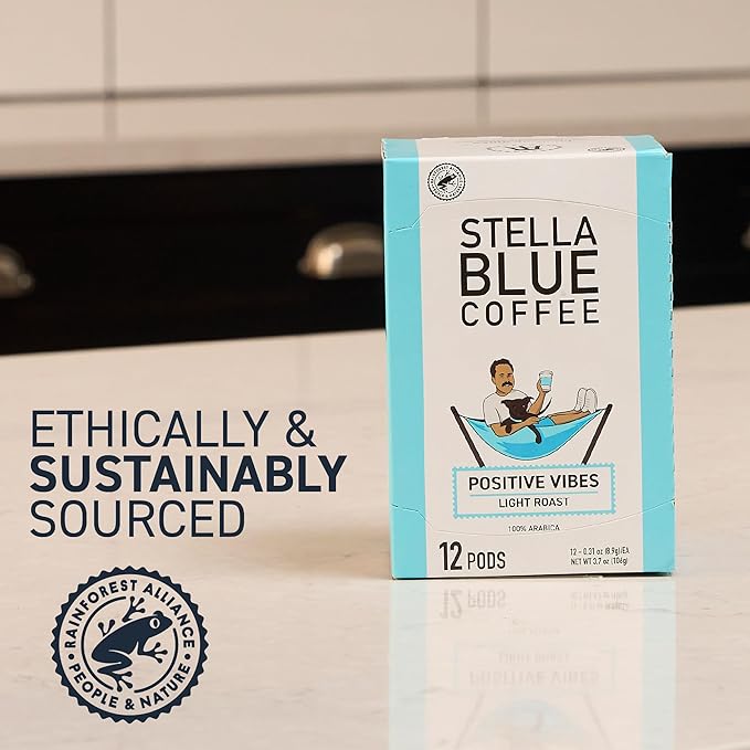 Stella Blue Coffee Pods, Positive Vibes Blend, Light Roast Vanilla, Fruity Notes 100% Arabica Beans, Ethically Sourced from Central and South America, 12 Recyclable K Cup Compatible Pods