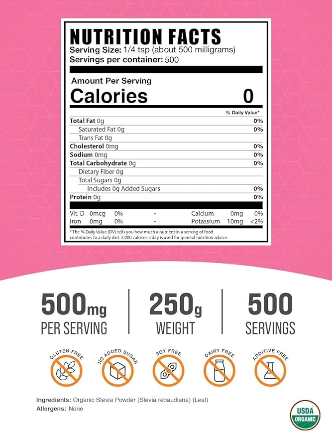 BulkSupplements.com Organic Stevia Powder - Pure Sweetener, Sourced from Stevia Leaves, Herbal Supplement - Vegan & Gluten Free, 500mg per Serving, 250g (8.8 oz) (Pack of 1)