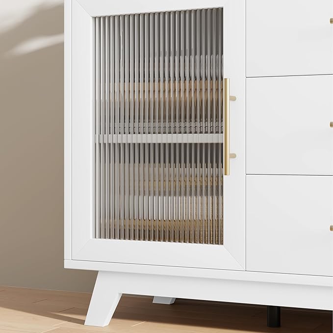 CABIHOME Buffet Cabinet, 56" Sideboard Buffet Storage Cabinet with Adjustable Shelves and Fluted Glass Door, Modern Coffee Bar, Table for Kitchen, Dining Room, Natural