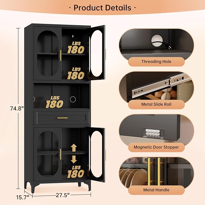 75" Tall Kitchen Pantry Cabinet,Metal Storage Cabinets with 4 Glass Doors and Adjustable Shelves,Freestanding Display Cupboard for Dining Room,Living Room,Hallway,Bathroom,Black