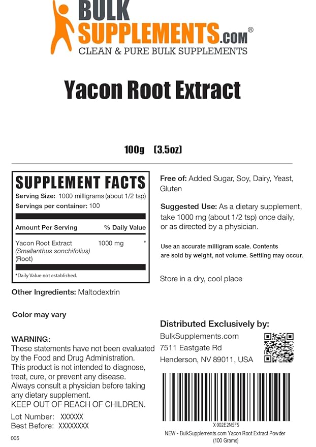 BulkSupplements.com Yacon Root Extract Powder - Sugar Substitute, Natural Fiber Sweetener - Gluten Free, 1g per Serving, 100g (3.5 oz) (Pack of 1)