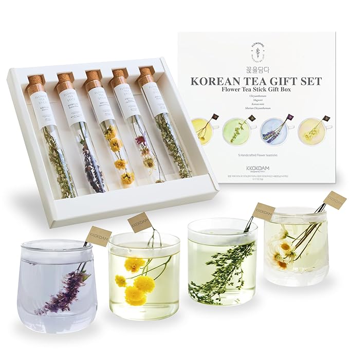 KKOKDAM Fancy Korean Tea Gift Set for Christmas – Premium Flower Tea Stick Variety Pack - 5 Loose Leaf Blooming Flower Teas