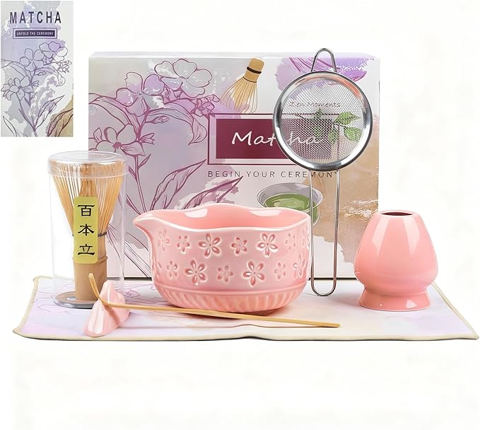 Matcha Whisk Set––7pcs Japanese Matcha Set Kit with Matcha Bowl, Bamboo Whisk, Whisk Holder, Scoop, Towel&Sifter–Perfect for Matcha Lovers&Tea Ceremonies-Cherry Blossom Pink