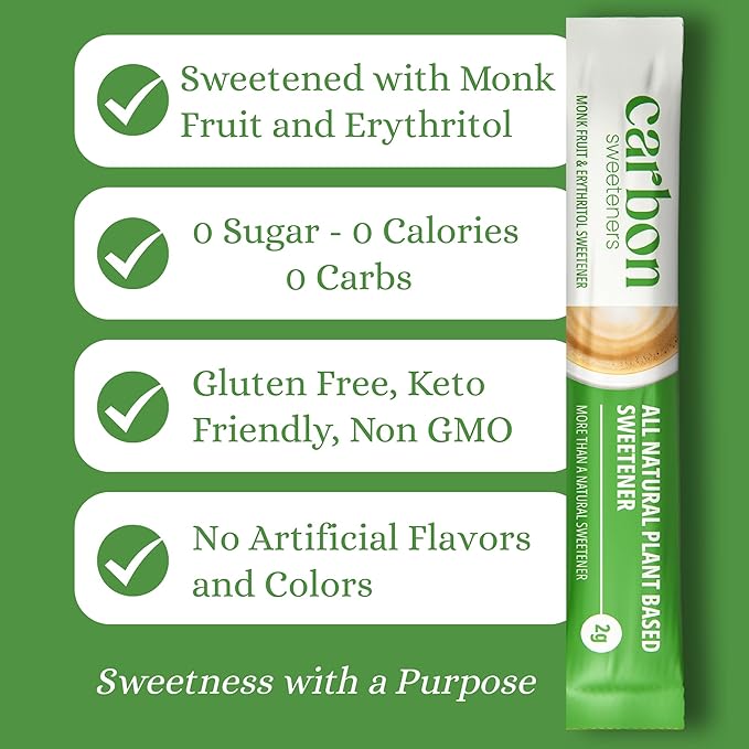 Carbon Sweeteners Monk Fruit Sweetener With Erythritol, White Sugar Substitute From Monk Fruit Extract, Classic White Sugar Replacement for Baking, Coffee & Tea, Gluten Free, Low Carb, Non GMO, Keto, 60 Count (Pack of 1)