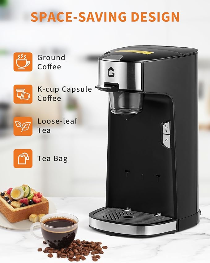 Single Serve Coffee Maker for Coffee Pods& Ground Coffee, 1300W One-Touch Coffee Machine, Fast Brew 8-12 oz, Compact for Office, Kitchen, Apartment, Dorm, Travel, Black