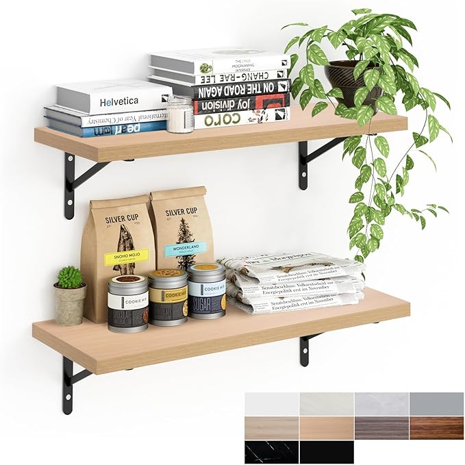 Kaboon 27 inch Long 10 inch Deep Floating Shelves for Wall Set of 2, Large Open Shelves Wall Mounted, Space Saving Home and Commercial Use, Light Walnut