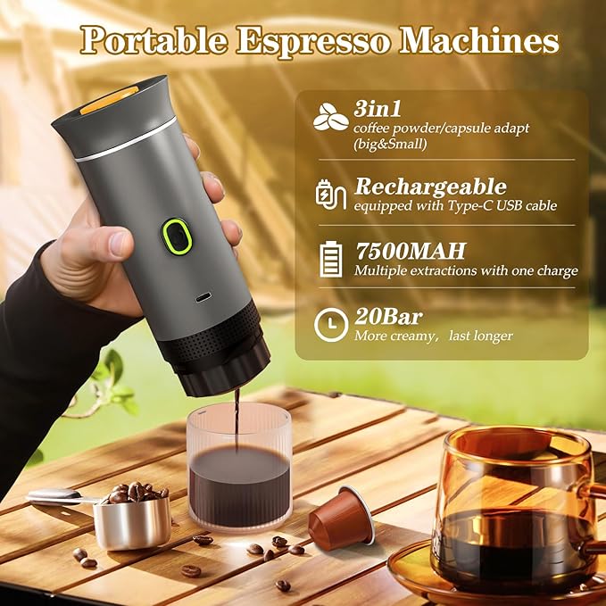 Portable Espresso Maker, Travel Coffee Maker for camping, Portable Espresso Machine with USB-C, 3-in-1 Small Espresso Machine with Ground Coffee & Capsules (NS＆DG) for RV (Warm Gray(One Battery))