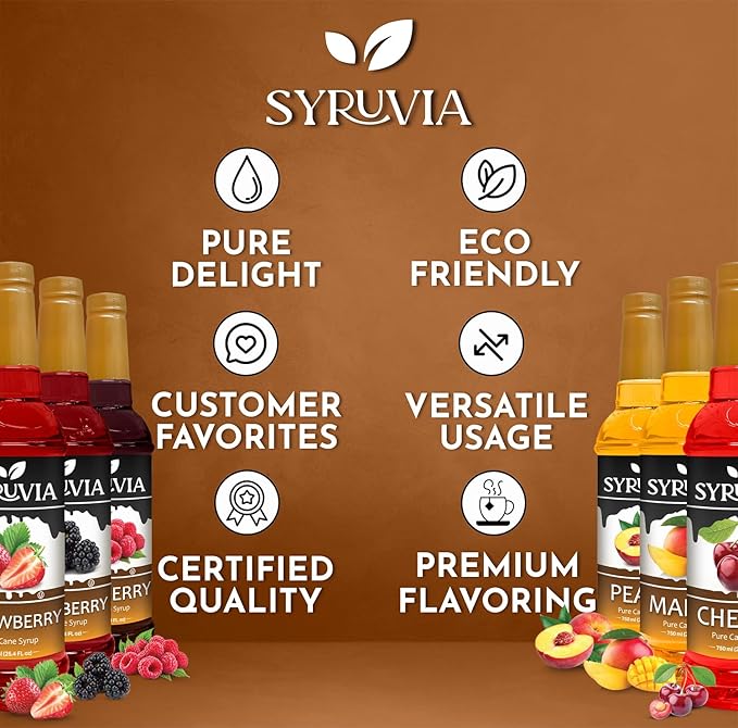 Syruvia Summer Fruit Syrup Variety Pack – Strawberry, Blackberry, Raspberry, Cherry, Mango & Peach – 25.4 fl oz Bottles – Perfect for Summer Sodas, Lemonades, Iced Teas, and Cocktails! (6-Pack)