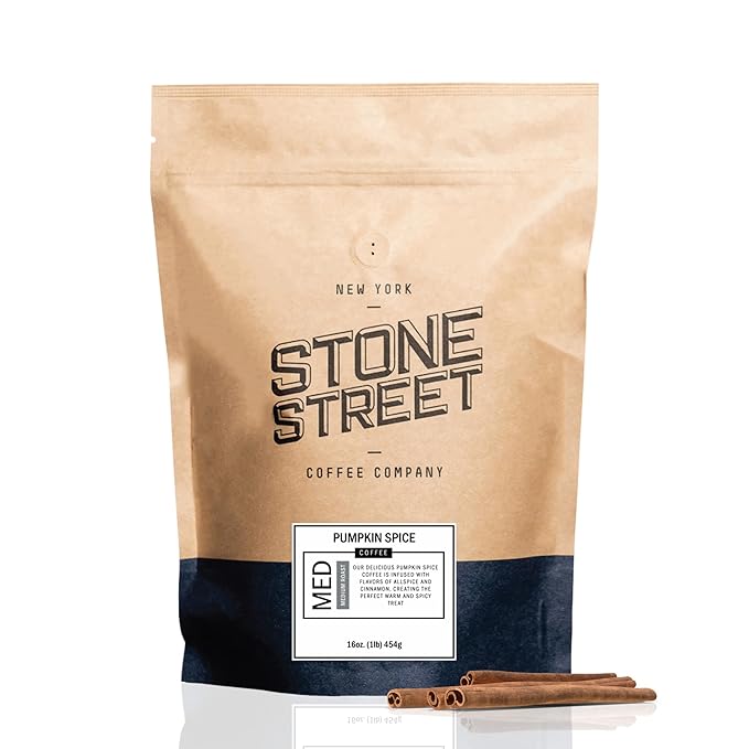 Stone Street Flavored Ground Coffee, Pumpkin Spice, Freshly Roasted, 100% Colombian Arabica, Gourmet Coffee, Holiday Flavor, Medium Roast, 1 LB