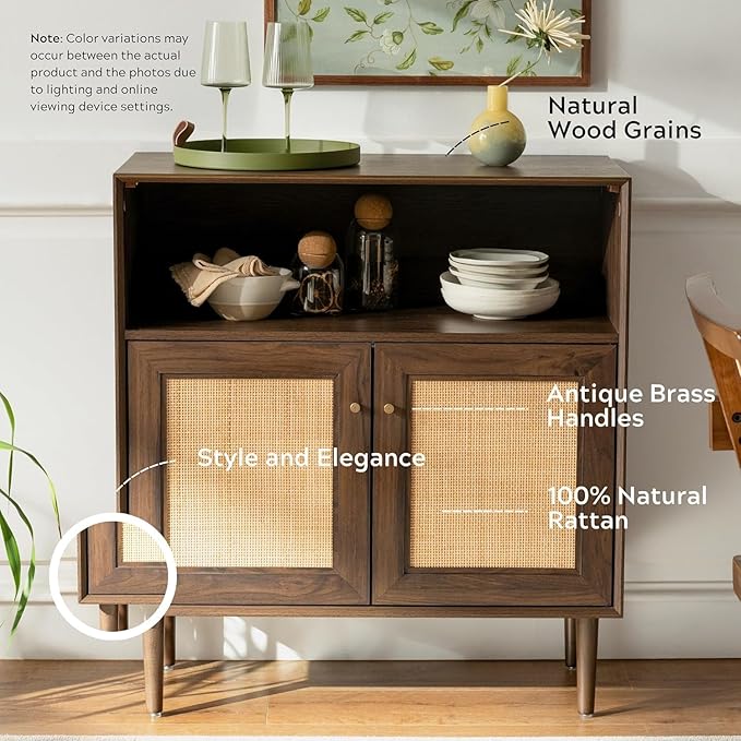 Rattan Sideboard Cabinet Set of 3, Boho Buffet Storage Cabinet Farmhouse Credenza Cabinets with Doors and Adjustable Shelves for Living Room, Dining Room, Entryway, Kitchen(Natural Oak)