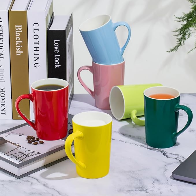 Multi-Coloured Ceramic Mugs Set of 6-13.5oz / 400ml -Coffee Mugs-Cappuccino-Tea Cups- Hot Chocolate Cups (Red, Blue, Yellow, Green, Pink, Blackish Green, Large)