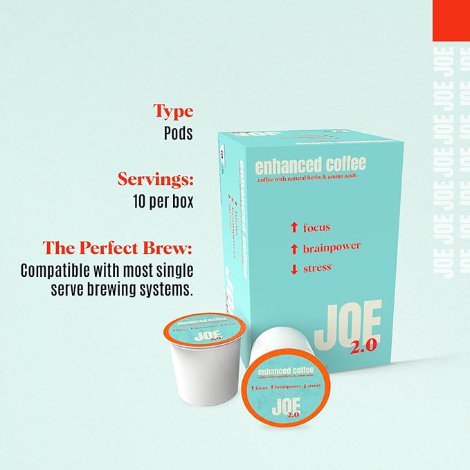 Joe 2.0 Nootropic Coffee Pods – Organic Medium Roast with Lion’s Mane, Ashwagandha, L-Tyrosine & L-Theanine | Focus, Brainpower & Stress Support | Vegan, Keto, Eco-Friendly