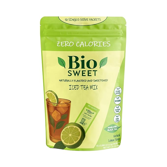 BioSweet Iced Tea Mixes - Lemon Flavor | Zero Calorie Mix from Real Black Tea | Naturally Sweetened & Flavored | Non GMO, Gluten Free, Vegan (16 single-serve packets)