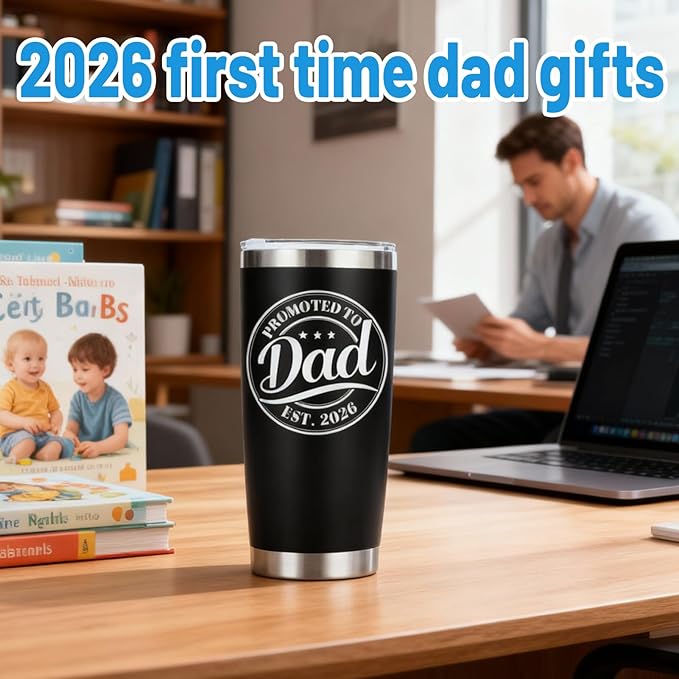 Promoted to Dad Est. 2026 Tumbler - New Dad Christmas Gifts, Gifts for First Time Father, New Father to Be, 20oz Stainless Steel Insulated Tumbler with Lid, Husband Gift from Wife, Black