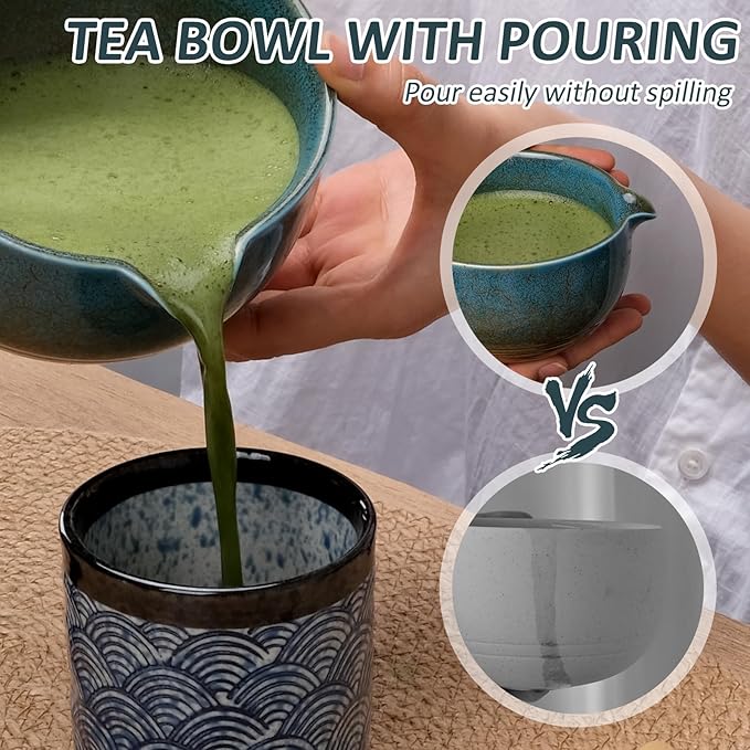 Joyscale Matcha Whisk Set, Matcha Set Whisk And Bowl, 8 Pcs Matcha Kit Set(Ancient Kiln Design), 14 OZ, Japanese Matcha Tea Set, Matcha Making Kit Gifts for Tea Lovers(Blue)