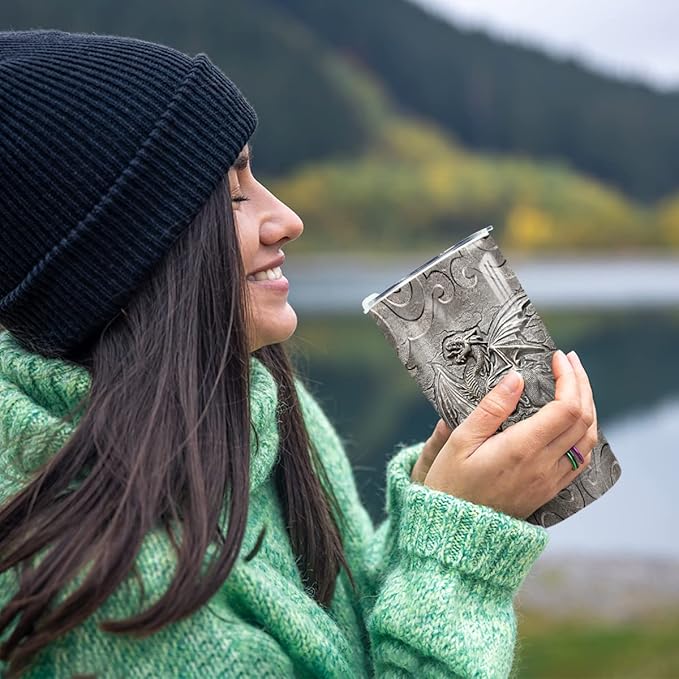 winorax Dragon Tumbler Metal Style Fossil Dragon Lover Viking Celtic Tumblers Stainless Steel 20oz Insulated Travel Coffee Mug Gifts for Men Women Birthday Christmas Presents