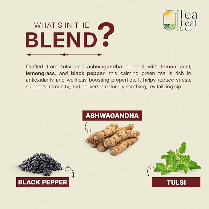 Tulsi Ashwagandha Green Tea Bags (50 Count), Green Tea with Tulsi, Ashwagandha, Lemongrass and Black Pepper, Caffeinated, Real and Natural Green Tea, Blended with Fresh Herbs and Spices, Gluten Free