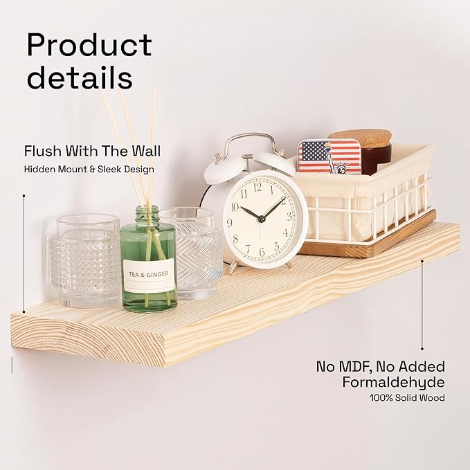 BAOBAB WORKSHOP Wood Floating Shelves for Bathroom Wall - Rustic Shelf 24 inch - Floating Wooden Shelves for Bedroom Kitchen Living Room - Natural Wood Shelves, 24W x 6.7D, Set of 2