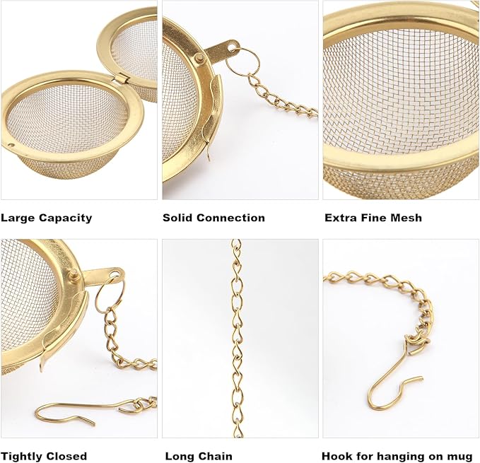 Tea Ball Infuser with Chain;; Premium Stainless Steel Fine Mesh Screen Tea Strainer Filters Colander Cullender Sieve Infusion Steeper Maker for Loose Leaf Tea Herbs, 2 Pieces, Golden