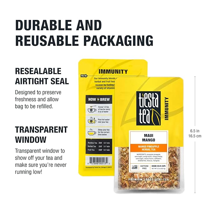 Tiesta Tea - Maui Mango Mango Pineapple Herbal Tea Premium Loose Leaf Tea Blend Non-Caffeinated Fruit Tea Make Hot or Iced Tea & Brews Up to 25 Cups - 2.2 Ounce Resealable Pouch (Pack of 4)