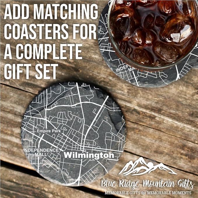 Blue Ridge Mountain Gifts - Wilmington Souvenir - North Carolina Glassware Gift, Etched City Map, Laser Engraved and Dishwasher Safe