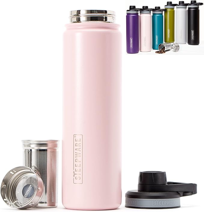 The Tea Spot Steepware Tea Tumbler and Thermos, 22oz, Tea Bottle with tea infuser for loose leaf tea or iced coffee, Sleek Double Wall Tumbler & Insulated Travel Bottle - Rose