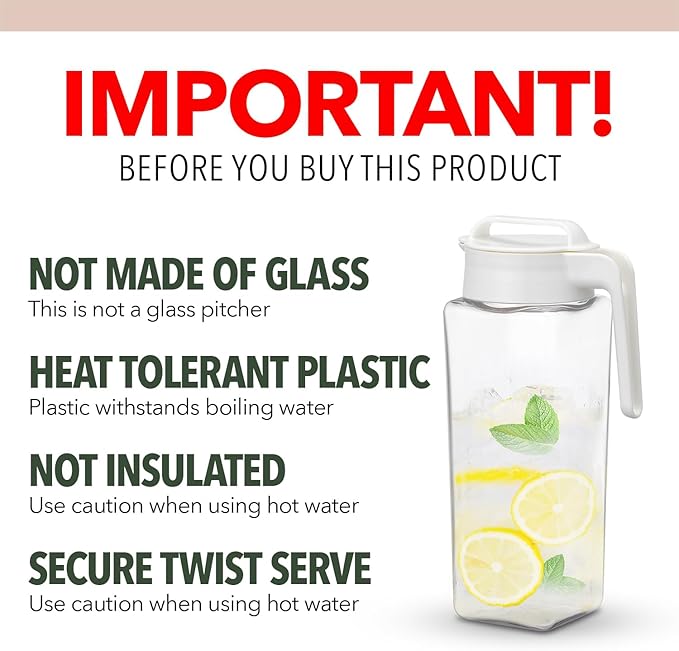 Lustroware TwistServe Airtight Pitcher - 2.1L (70oz), Heat Resistant, BPA-Free SAN Plastic, Screw-On Lid, Space-Saving, Made in Japan - White
