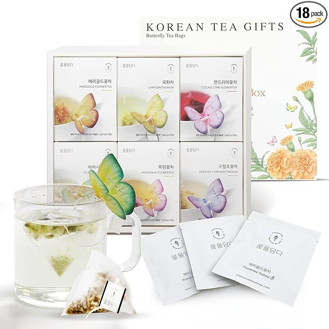 KKOKDAM Korean Tea Gift Set – 6 Flavor Butterfly Tea Bag Sampler – Elegant Box for Tea Lovers - Unique Christmas Gift