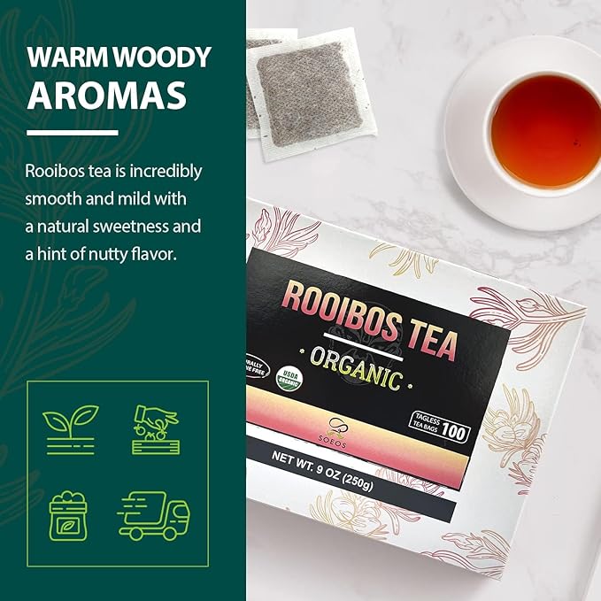 Soeos Organic Rooibos Tea, 9oz (250g), 100 Tagless Tea Bag, Naturally Caffeine Free, USDA Organic.