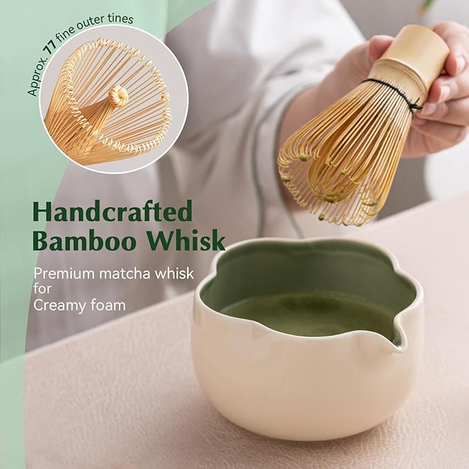 Matcha Set, 8Pcs Floral Ceramic Matcha Set with Matcha Whisk, Holder, Scoop, Scoop Rest, Sifter, Spoon and Tea Towel - Thoughtful Matcha Whisk Set Gift for Matcha Lovers (Beige & Green)