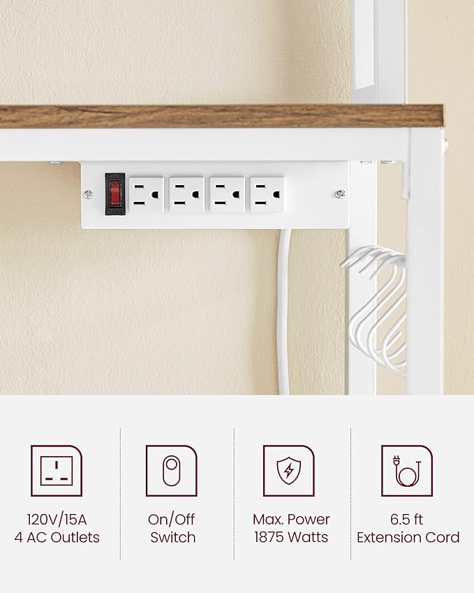 VASAGLE Bakers Rack with Power Outlet, Microwave Stand, Kitchen Tall Utility Storage Shelf, with Metal Wire Panel, 14 Hooks, 15.7 x 31.5 x 66.9 Inches, Rustic Walnut and Cloud White UKKS025W41